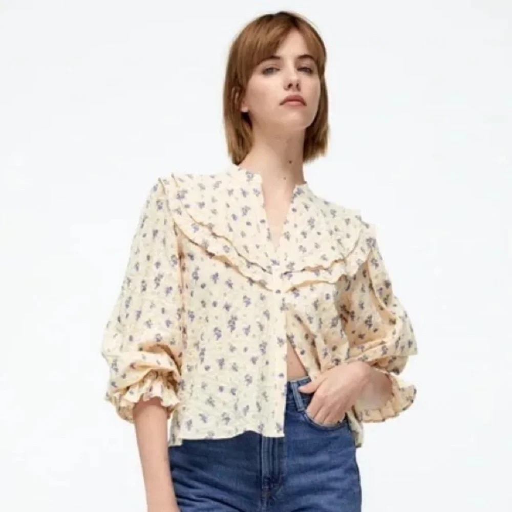 Zara Floral Textured Long Sleeve Top Bib Collar Blouse